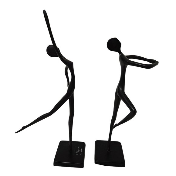 13" Pair Vintage Bodrul Khalique Ballet Dancing Woman Bronze Sculptures Black - Picture 1 of 7